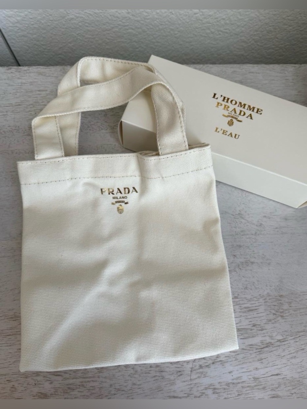 Prada GWP✨🤍💛⭐️Cream Canvas Mini Tote with Gold Logo